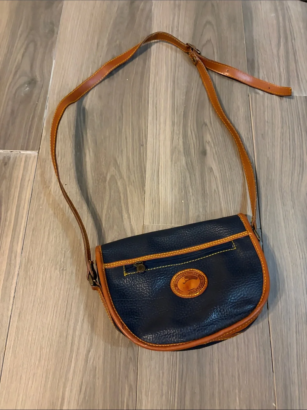 Dooney & Bourke Navy Pebble Leather Crossbody with Tan Trim and Strap